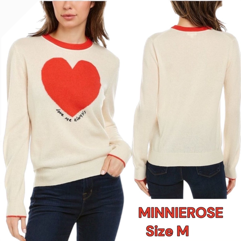 Minnie Rose Womens M Cream Red Heart Love Me Always Knit Sweater Cashmere Cotton